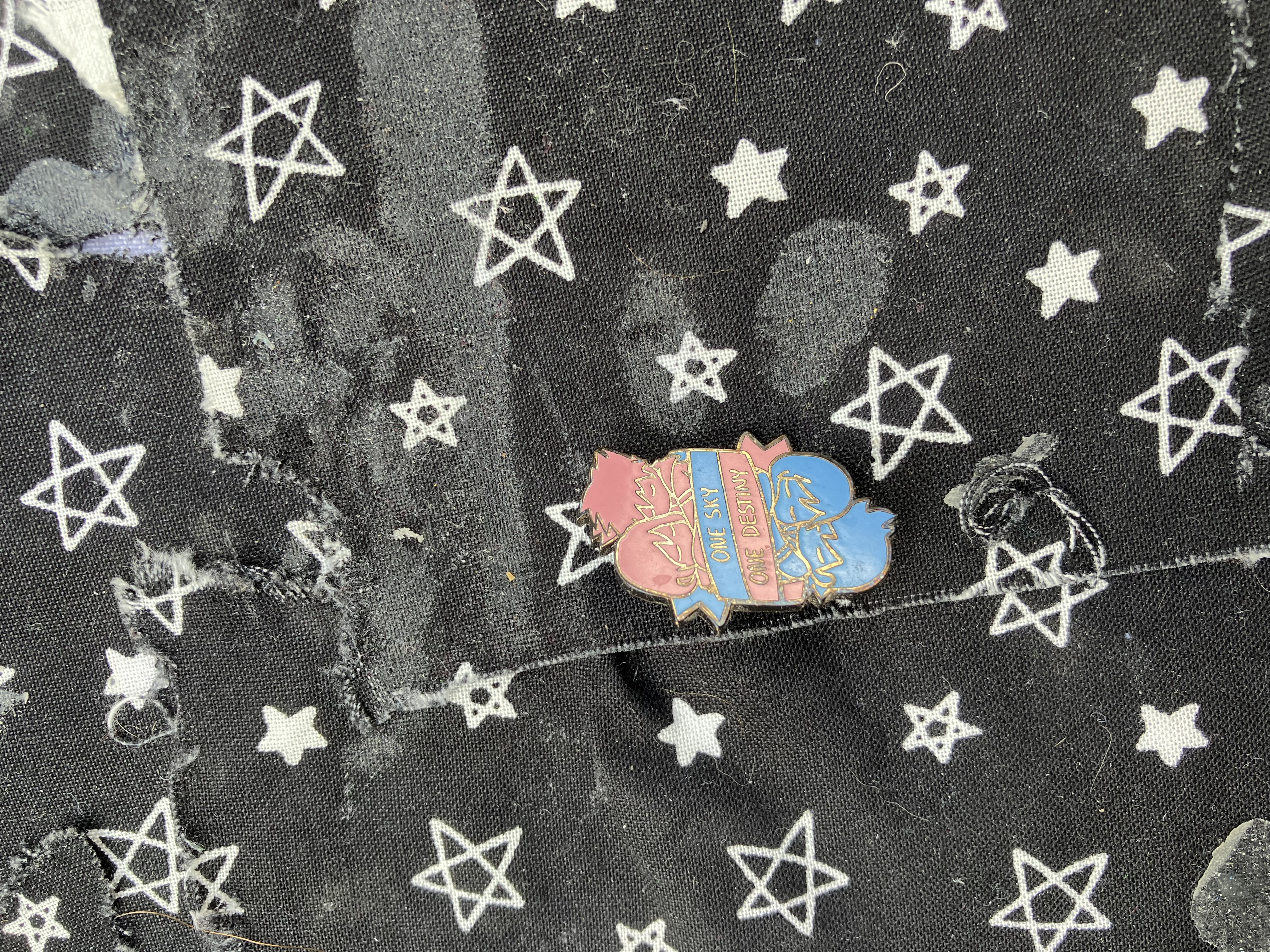 Enamel pin of Kingdom hearts rokunami and sokai that says one sky, one destiny.